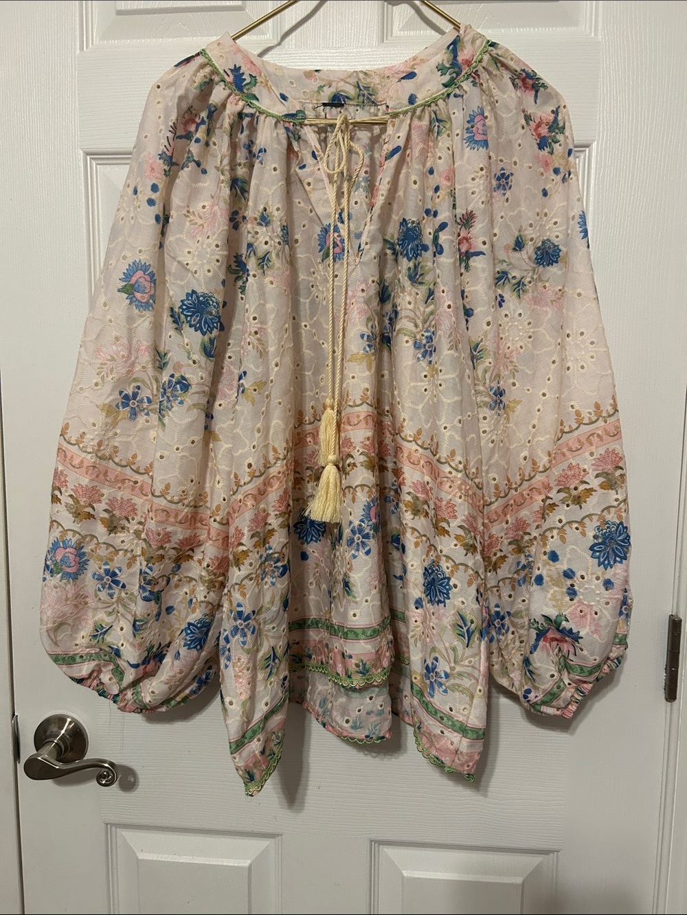 SHEIN Floral Eyelet Peasant Blouse in Blue, Pink, Cream